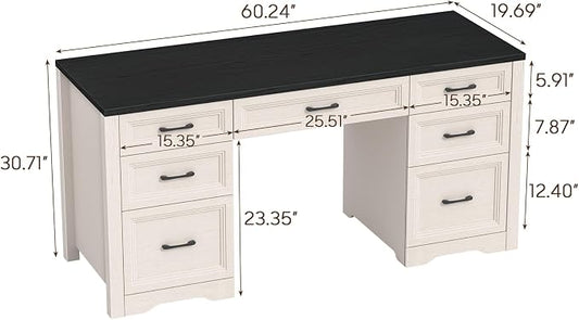 Vabches Farmhouse Executive Desk, Wood Home Office Desk with 2 Large File Drawers and 5 Storage Cabinets, Rustic Writing Desk for Work and Study, Black