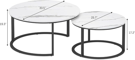 WiberWi Round Coffee Table Nesting Tables Set of 2, Large : Ø 33.5", Small : Ø 25.7", Modern Design Coffee Tables for Living Room, Metal Frame Circle Cocktail Table, High Glossy Faux White Marble