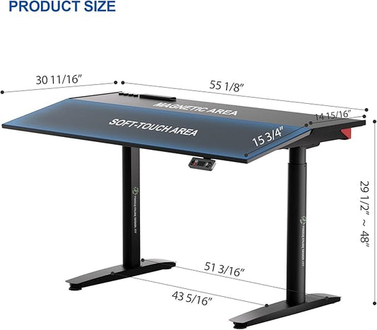 Electric Standing Desk 55” with 15° Tilting Desktop, Sit Stand Ergonomic Desk for Home Office & Gaming, 4 Motor Adjustable Desk, Memory Presets & Cable Management Black