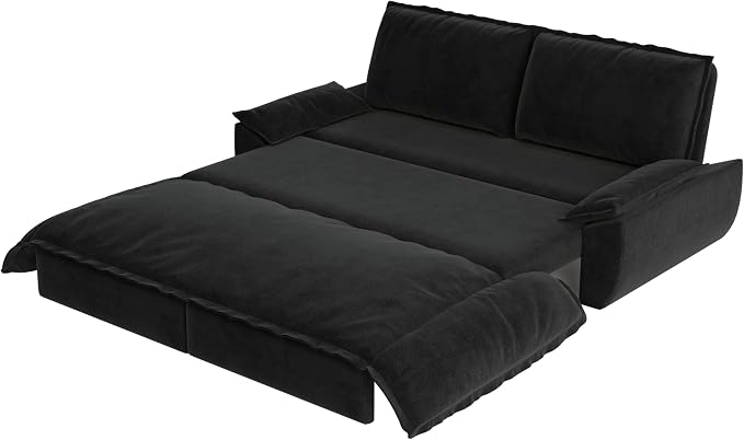 73.2" Sleeper Sofa Bed Queen, 3-in-1 Convertible Couch, Modern Pull Out Couches, Comfy Velvet Futon Sofa, Cloud Loveseat Lounge, Pillow Arm, for Small Spaces, Apartment, Living Room, Black