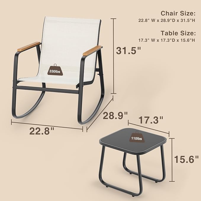Ahomly 3 Pieces Patio Furniture Set, Outdoor Textilene Furniture Set with Wooden Armrests, Coffee Table with Tempered Glass Tabletop, Patio Chairs for Lawn, Balcony, White