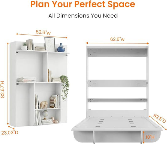 CECER Vertical Murphy Bed Queen,Save Space for Offices/Guest-White | Multi-Functional Queen Murphy Cabinet Beds with Storage Shelf/Bookshelf,Sturdy frame & Easy Assemble