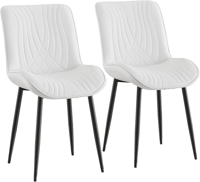 VECELO Dining Chairs Set of 2, Modern Upholstered Faux Leather Cushion Seat and Metal Legs for Kitchen, Living Room, White