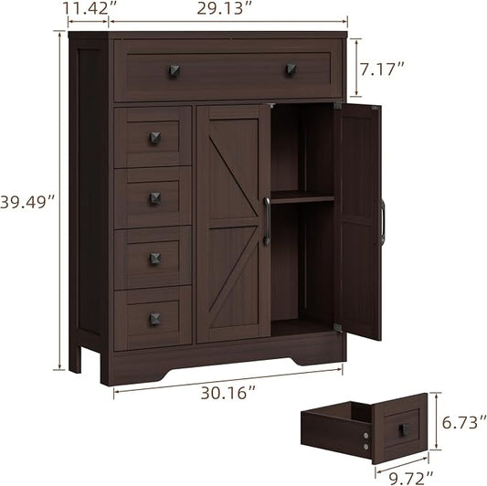 Vabches Farmhouse Storage Cabinet with 2 Doors and 5 Drawers, Freestanding Bathroom Cabinets Kitchen Pantry, Floor Storage Cabinet Hutch Cupboard for Living Room/Bathroom/Kitchen.(Espresso
