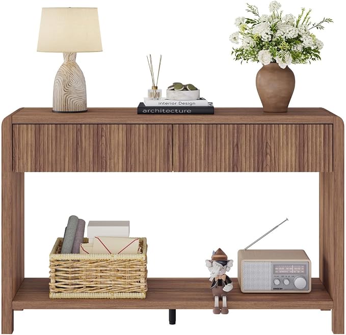 FATORRI Console Sofa Table for Entryway, 47.2 inch Wood Foyer Tables for Living Room, Farmhouse Couch Table behinde Sofa with 2 Drawers for Hallway Storage (Walnut)