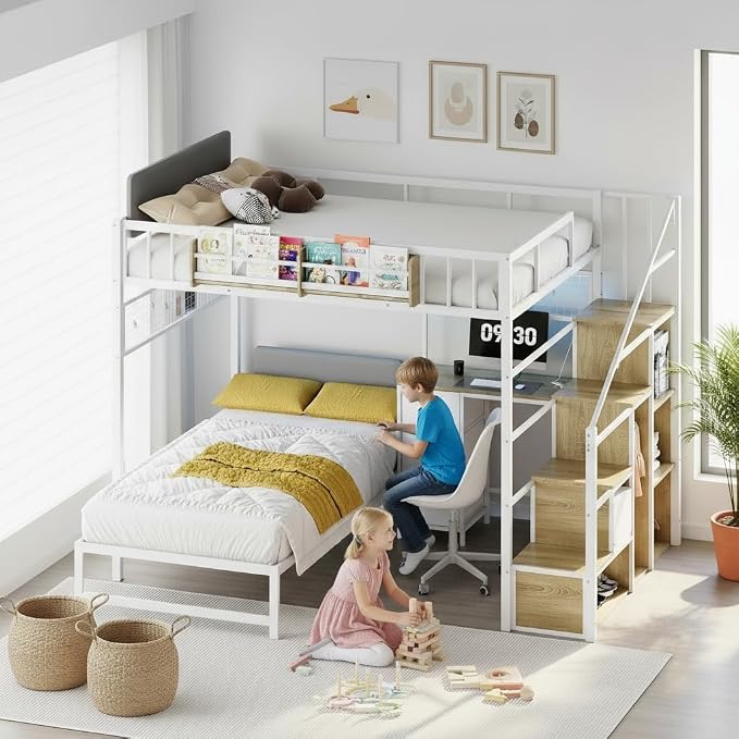 Kikihouse Full Over Twin Loft Bunk Bed with Desk, Stairs, Drawers & Storage Shelves, L-Shaped Metal Bunk Bed with Charging Station & LED Light for Kids, Teens, Adults (Full Over Twin)