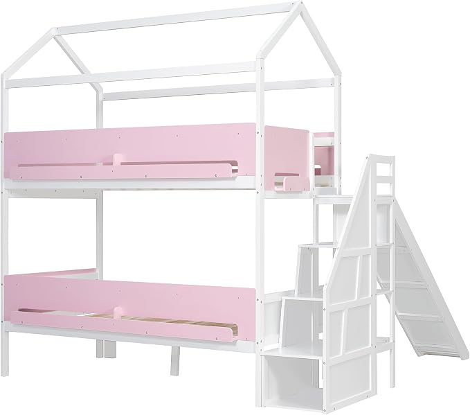 Harper & Bright Designs House Bunk Bed with Slide and Bookshelf, Twin Over Full Bunk Bed with Trundle and Stairs for Kids Teens Juniors, Space Saving, No Box Spring Needed, White+Pink
