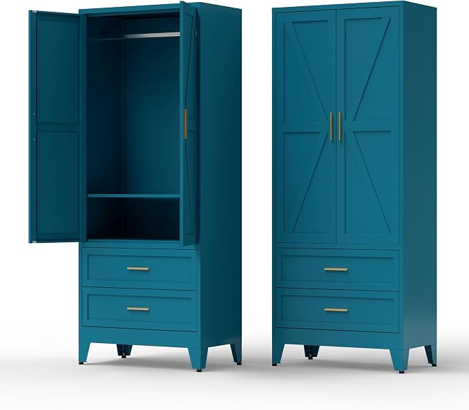 COFaR 71 Farmhouse Metal Wardrobe Closet with Hanging Rod, 2 Barn Doors, Adjustable Shelves, Steel Armoire with Drawer for Home, Bedroom Green
