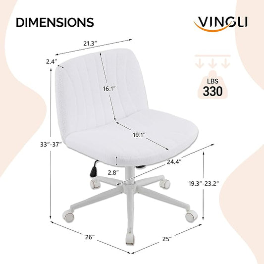 VINGLI Criss Cross Legged Chair,Wide Comfy Office Desk Chair,Dual-Use with/no Wheels Computer Task Chair,Swivel Armless Vanity Boucle Chair for Study,Make Up,Home Office,Teddy Fleece,White