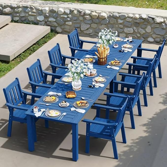 YEFU HIPS Patio Table Set: 10 Piece Outdoor Table and Chairs Dining Furniture Set with Umbrella Hole - Blue Modern Plastic Dining Sets 8 Person for Outside Deck with Metal Aluminum Frame