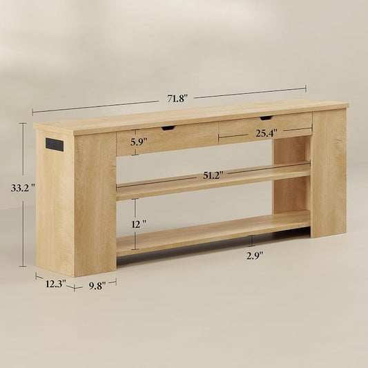 71.8 Inch Extra Long Console Table with Drawers, Farmhouse Long Console Table with Shelves & Built-in Outlets, Entryway Table with Storage for Living Room, Entryway, Natural