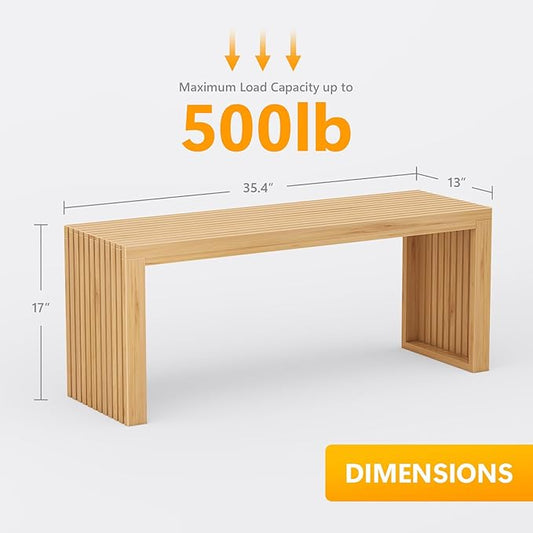 Bamboo Dining Bench, 35'' Slatted Design Entryway Bench, Natural | Modern Solid Bamboo Seating Bench for Indoor & Outdoor Use, Ideal for Kitchen, Hallway, Bedroom