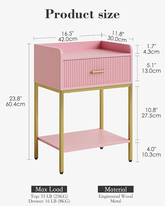 Nightstand, 3-Tier Bed Side Table, Small End Table, Night Stand with Open Shelf and Drawer, Bedside Table for Bedroom, Living Room, Pink