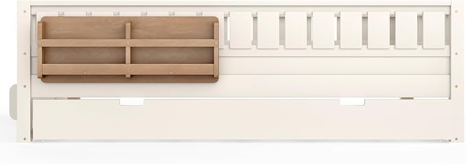 Bellemave Queen Size Kids Bed with high Rails and with Built-in Bookshelf and Trundle for Kids, Girls, Boys, Wood Montessori Bed Without Door, Beige