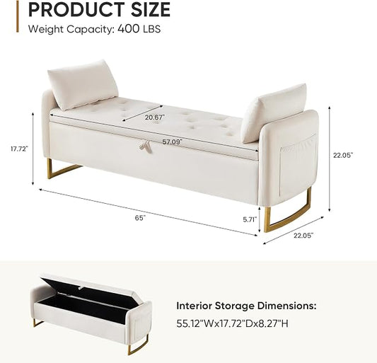 65" End of Bed Storage Bench, Velvet Storage Bench for Bedroom, Bed Bench with Storage, Tufted Upholstered and Gold Legs, Bedroom Benches with Arms for Living Room Window and Entryway Beige