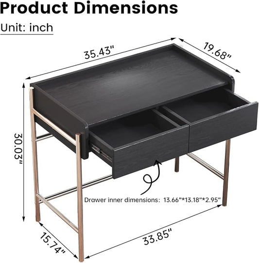 Home Office Computer Desk, Metal Frame Simple Dressing Vanity Table Without Mirror, Modern Minimalist Work Desk with 2 Drawers for Home Office, Bedroom and Living Room