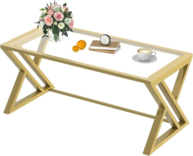 Wolawu Coffee Table Gold Glass Coffee Table for Living Room,Modern Rectangular Center Table with Sturdy Metal Frame,Tempered Glass Table Tea Tables for Bedroom Home Office