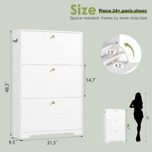 Nicetree Shoe Cabinet with 3 Flip Drawers, Narrow Shoe Organizer Cabinet, Freestanding Shoe Rack Cabinet, Modern Shoe Storage Cabinet for Entryway, Hallway, Foyer, White