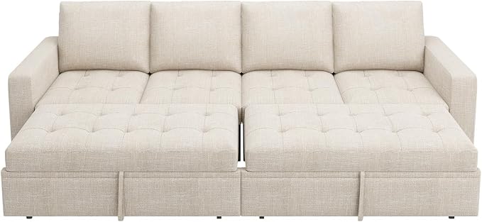 HONBAY Modular Sectional Sleeper Sofa with Pull Out Bed, Linen Convertible Sectional Couches for Living Room,Beige