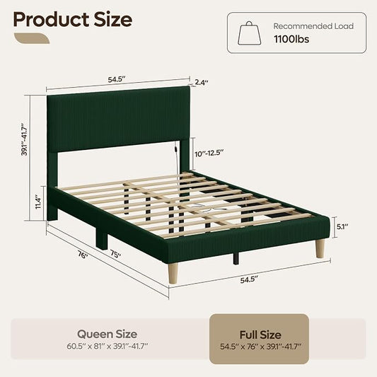 Bestier Full Bed Frame with Adjustable Headboard,LED Light,Green | Easy Assembly,LED Lighting Headboard,No Squeaks,Vertical Channel Corduroy Upholstered,Wood Slats Support,No Box Spring Needed