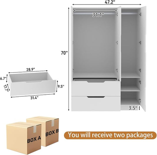 Hlivelood 3 Doors Armoire Wardrobe Closet with Mirror,2 Large Drawers, LED Light Wood Wardrobe Closet, Armoire with Hanging Rod for Bedroom, White