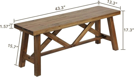 Wnutrees 43" Farmhouse Wood Bench, Rustic Solid Wood Entryway Bench Seat with Double X-Structure for Dining Area Living Room Hallway, Structural Stability, Natural