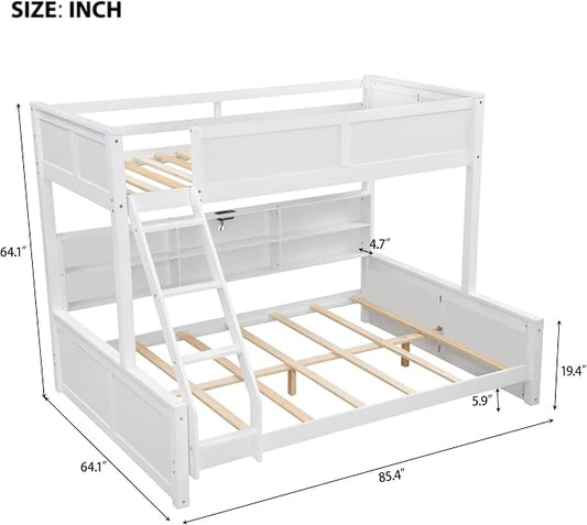 Wood Bunk Bed Twin XL Over Queen Size with Built-in Storage Cabinets and USB Ports, Versatile Bunk Bed Frame with Ladder and Guardrail for Kids Teens Adult, Maximize Space (White-T-Q)