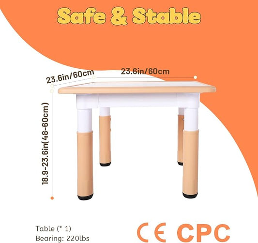 FUNLIO Adjustable Kids Table, 3-Level Height for Ages 3-8, Easy to Wipe Arts & Crafts Toddler Table for Classrooms/Daycares/Homes, CPC & CE Approved, 23.6 x 23.6 Inches, Natural