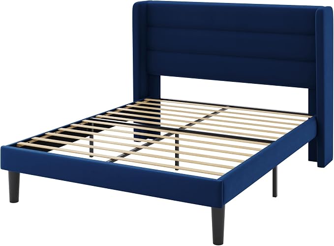 Allewie Queen Size Platform Bed Frame with Velvet Upholstered Wingback Headboard, No Box Spring Needed, Under Bed Storage Space, Wooden Slats, Modern Mattress Foundation, Easy Assembly, Blue