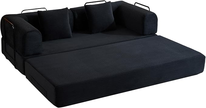 ZEIINPA Convertible Sleeper Sofa Bed with Fixed-Shape Frame, Corduroy Folding Boneless Couch with Cylindrical Pillow, Comfy Floor Sofa Couch for Living Room, No Assembly Required, Black