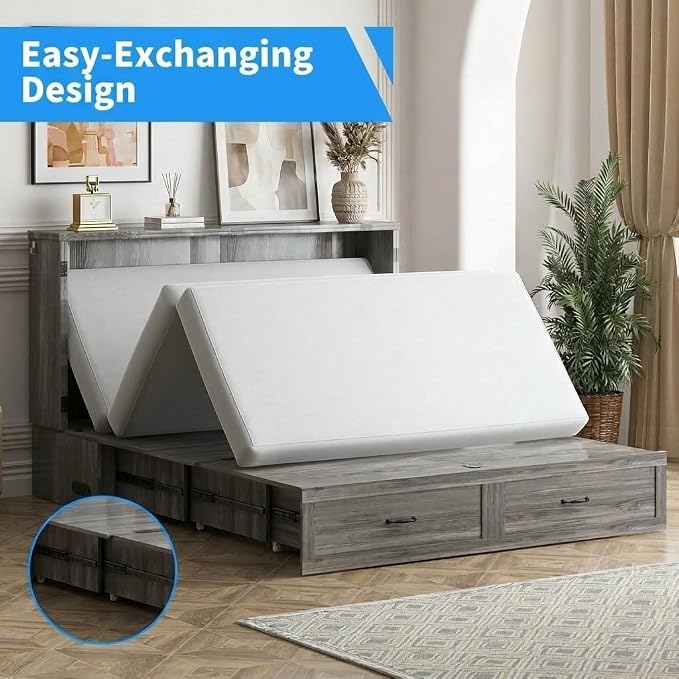 PUREMIND Queen Size Murphy Bed with Mattress, Wood Frame Cabinet Beds with Charging Station & Storage Drawers, Space Saving Hideaway Cabinet Bed for Guest Room, Home Office, Apartment, Grey