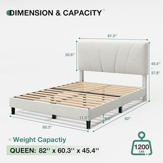 Novilla Queen Bed Frame, Queen Size Bed Frame with Wooden Slats Support, Velvet Upholstered Headboard, No Box Spring Needed, Heavy Duty Feet, Easy Assembly, White Velvet