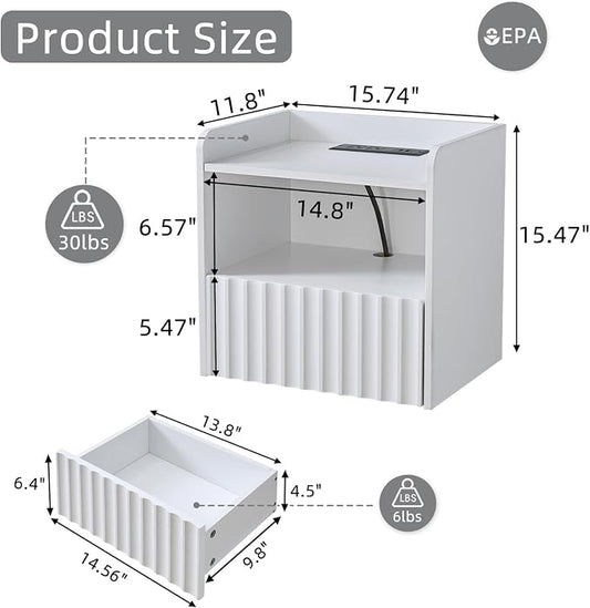 BuildHom Modern Fluted Floating Nightstand Wall Mounted - Bedside Table with Storage Drawer & Display Shelf, Minimalist Bedroom Furniture for Studio Apartments (Matte White)