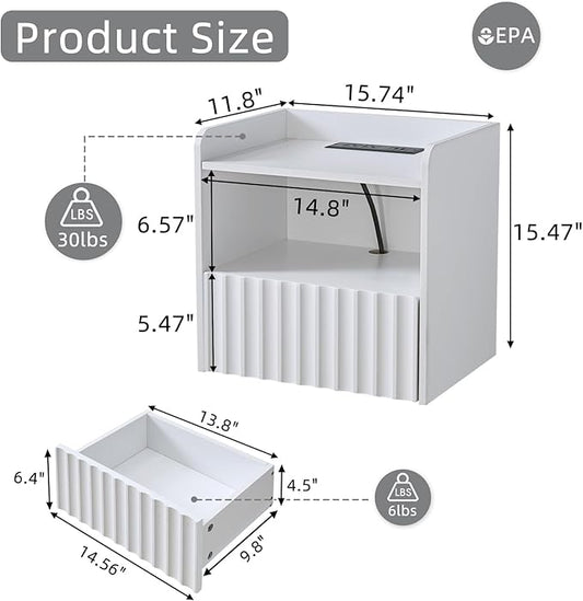 BuildHom Modern Fluted Floating Nightstand Wall Mounted Set of 2- Bedside Table with Storage Drawer & Display Shelf, Minimalist Bedroom Furniture for Studio Apartments (Matte White)