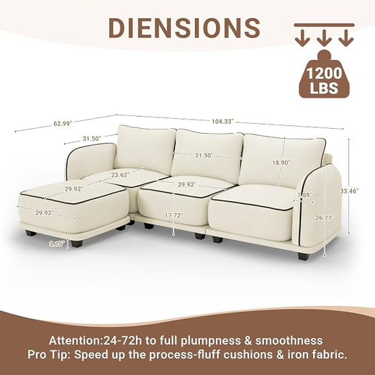 104 Inch L Shaped Modular Sectional Sofa, 4 Seater Modern Cloud Chenille Comfy Couch with Movable Ottoman & 3 Back Pillows, Oversized Comfy L Shape Couch for Living Room, Bedroom, Apartment, Beige