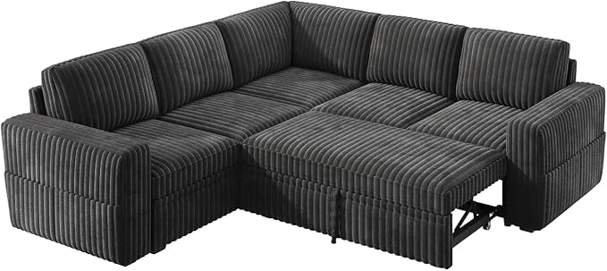 HONBAY Modular Sectional Sleeper Sofa with Pull Out Bed,Corduroy L Shaped Couch with Storage, Sectional Couches for Living Room,Dark Grey