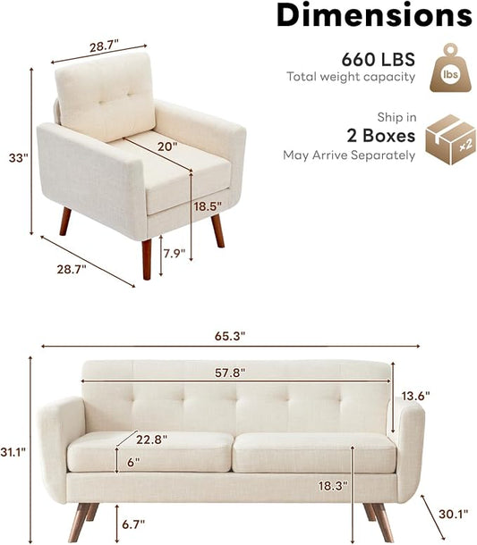 Tbfit Mid Century Modern Sofa Couch, Beige, Loveseat & Accent Chair | linen fabric