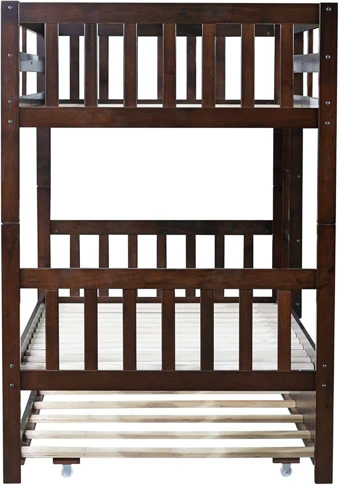 Merax Twin-Over-Twin Bunk Bed with Movable Trundle, Solid Wood Detachable Bunk Bed with Safety Guardrial and Ladder, Can be Converted Into 3 Separate Beds (Espresso)