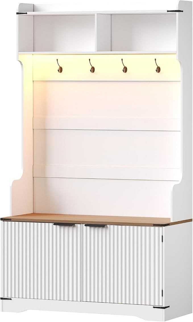Maupvit 67" Tall Modern Boho Hall Tree with Bench and Shoe Storage, Entryway Fluted Coat Tree, Mudroom Bench with Flip Drawers, 4 Coat Hooks, Adjustable LED Light for Garage, Halls, White