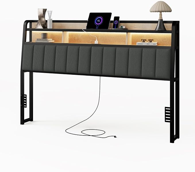 King Headboard Only with Storage, Upholstered Headboards for King Size Bed with LED Light, Charging Station, Height Adjustable, Sturdy and Stable Headboard, Black & Brown