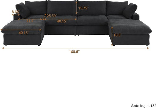 Cloud Couch Modular Sectional Sofa with 2 Storage Ottomans,160.6" U Shaped Sofa Couch,6 Seater Minimalist Wide Deep Seat Convertible Couches, Covers Washable&Replaceable,Black