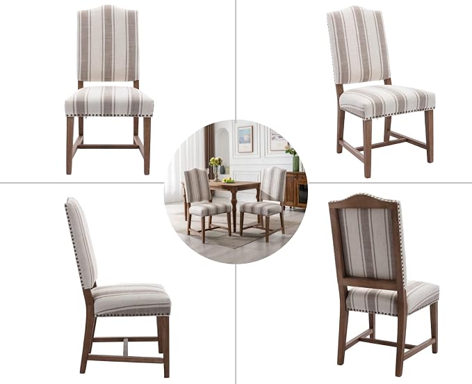 EALSON Upholstered Dining Chairs Set of 8 Farmhouse Dining Room Chairs with Wood Legs and Nailhead Trim Mid Century Modern Kitchen Chairs with High Back Padded Parson Chairs, Linen Brown Stripe