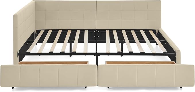 Bellemave Full Size Corner Bed Frame with Storage Drawers, Comfortable Backrest and Armrests, Velvet Tufted Corner Bed Frame Full Size, Upholstered Daybed for Bedroom, Living Room, Guest Room, Beige
