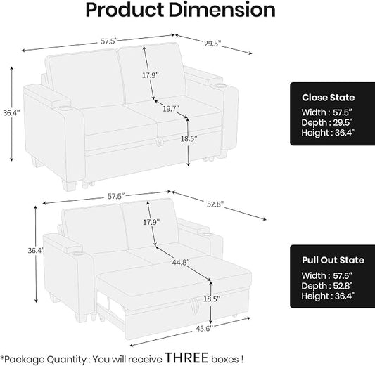 Belffin Modular Sectional Loveseat with Pullout Bed Sectional Sleeper Sofa with Pull Out Bed for Living Room.Light Grey