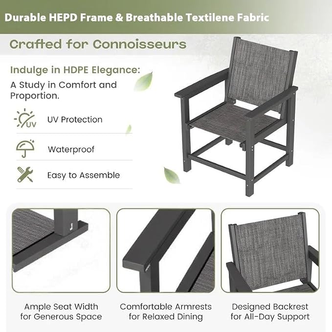 UDPATIO HDPE Dining Chair Set of 4, Heavy Duty Extra-Wide Outdoor Chairs with 360 lb Load Capacity, Easy to Assembly, All-Weather Seating for Patio, Pool, Garden, Backyard,Light-Black