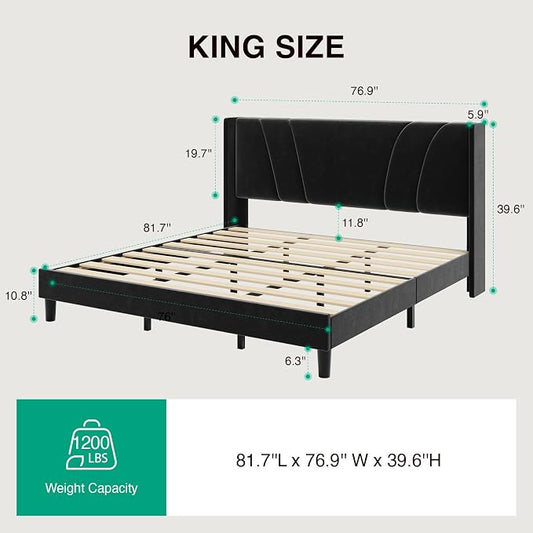 Novilla King Bed Frame, King Bed Frame and Headboard, Velvet Upholstered Wing Side Headboard, No Box Spring Needed, Heavy Duty Feet, Easy Assembly, Black Velvet