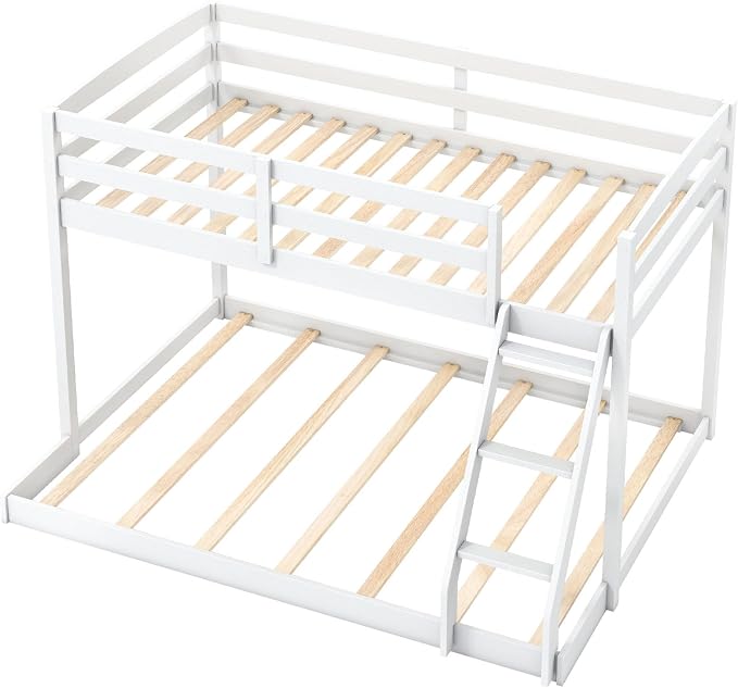 Giantex Twin Over Full Bunk Bed, Solid Wood Kids Bunk Bed with Full-Length Guardrails & Ladder, Low Bunk Beds with Slats Support for Kids, Teens, No Box Spring Needed, White