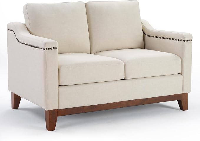 HAOMARKETS Vintage 2-Seater Upholstered Loveseat Sofa with Nailhead Trim, High-Density Foam Cushion & Solid Wood Legs, Soft Fabric Couch for Small Spaces, Beige