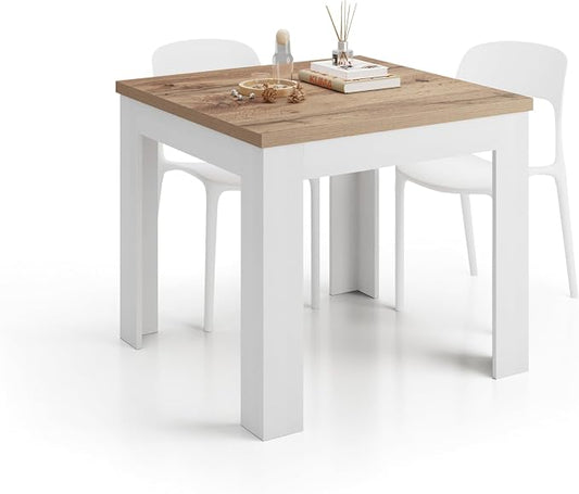 Mobili Fiver, Square extendable Dining Table, Eldorado, 35.4(70.9) x35.4 in, Rustic Oak and Ashwood White, for 4-8 People, Expandable Dining Table for Kitchen, Italian Furniture