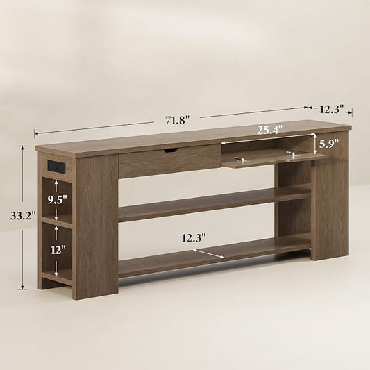 71.8 Inch Extra Long Console Table with Drawers, Farmhouse Long Console Table with Shelves & Built-in Outlets, Entryway Table with Storage for Living Room, Entryway, Hallway, Brown